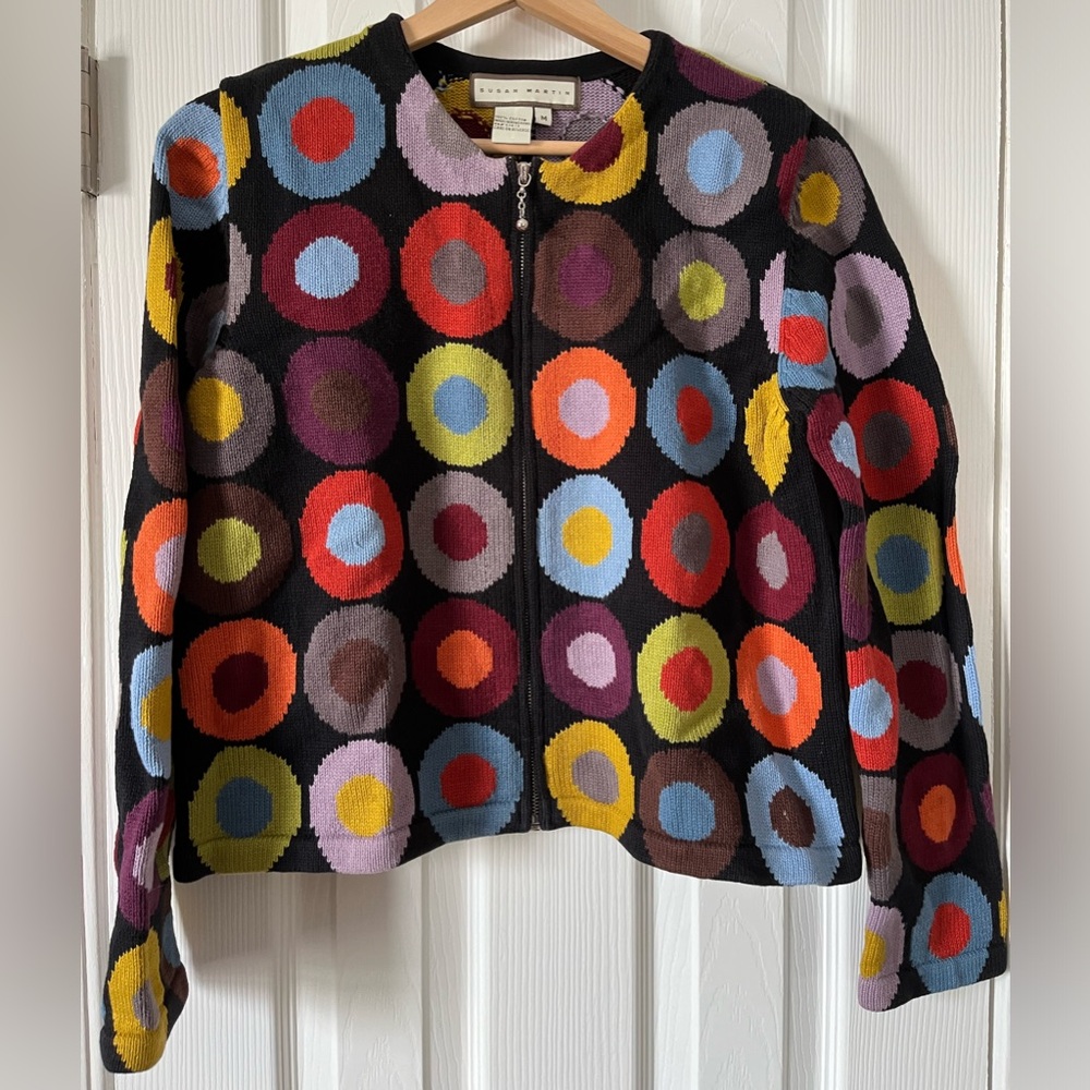 Susan Martin Colorful Circles Zip-Up Cotton Sweater